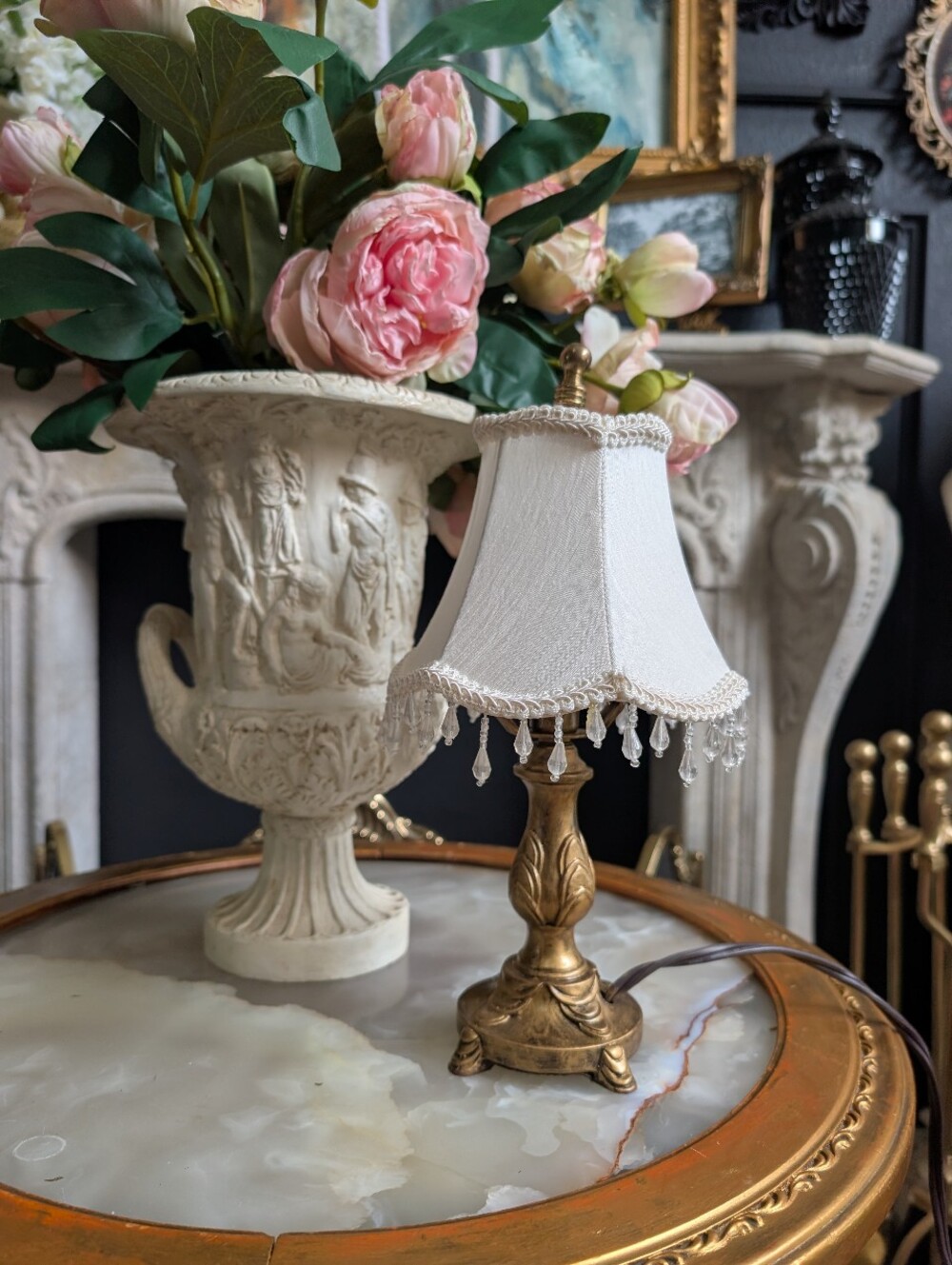 Cute!! Vintage Mini Gold Ornate Victorian Style Table Lamp w/ Beaded Shades 13"